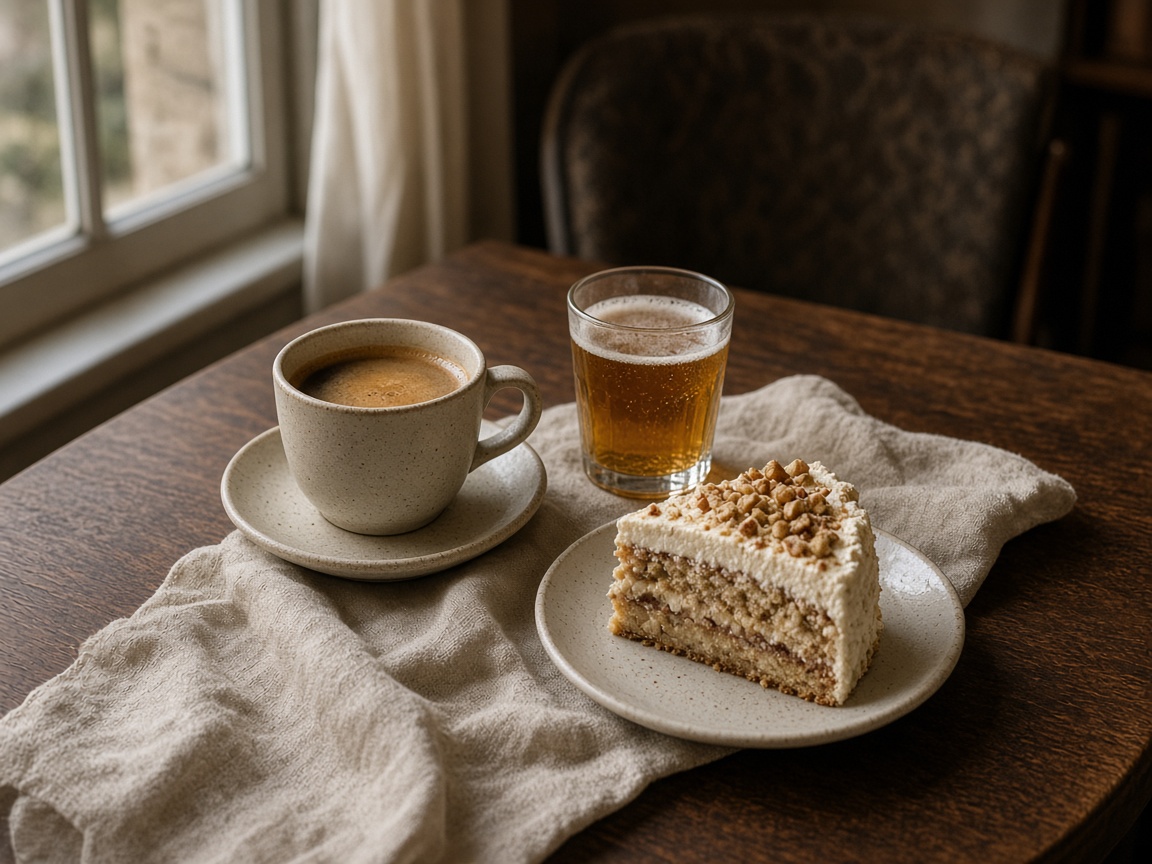 Kaffee und etwas zum Naschen auf einem Holztisch